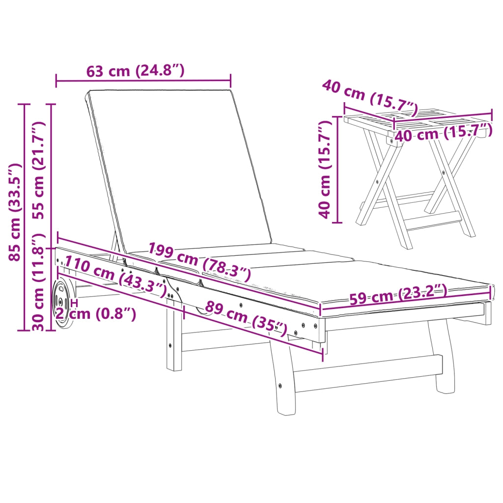 Sdraio con Ruote  2 pz con Tavolo e Cuscino in Legno Massello d'Acacia