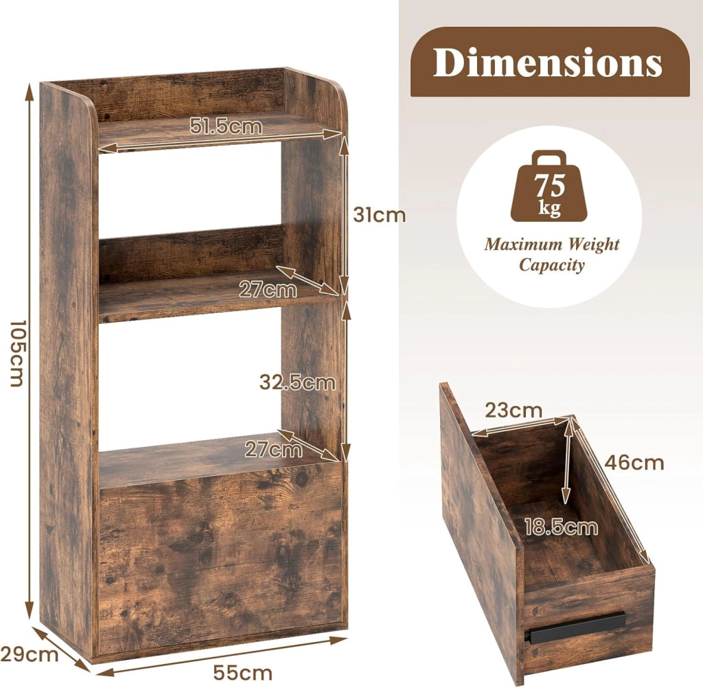 Libreria di libri con 3 ripiani aperti e 1 cassetto, libreria in legno con kit antiribaltamento, 55 x 29 x 105 cm, scaffale di stoccaggio per soggiorno, ufficio, camera da letto (marrone