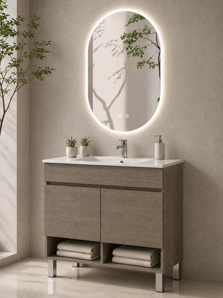 Mobile bagno con piedini con lavabo extrapiano ORIGENBATH NEBARI senza specchio 60x45 cm rovere smoky