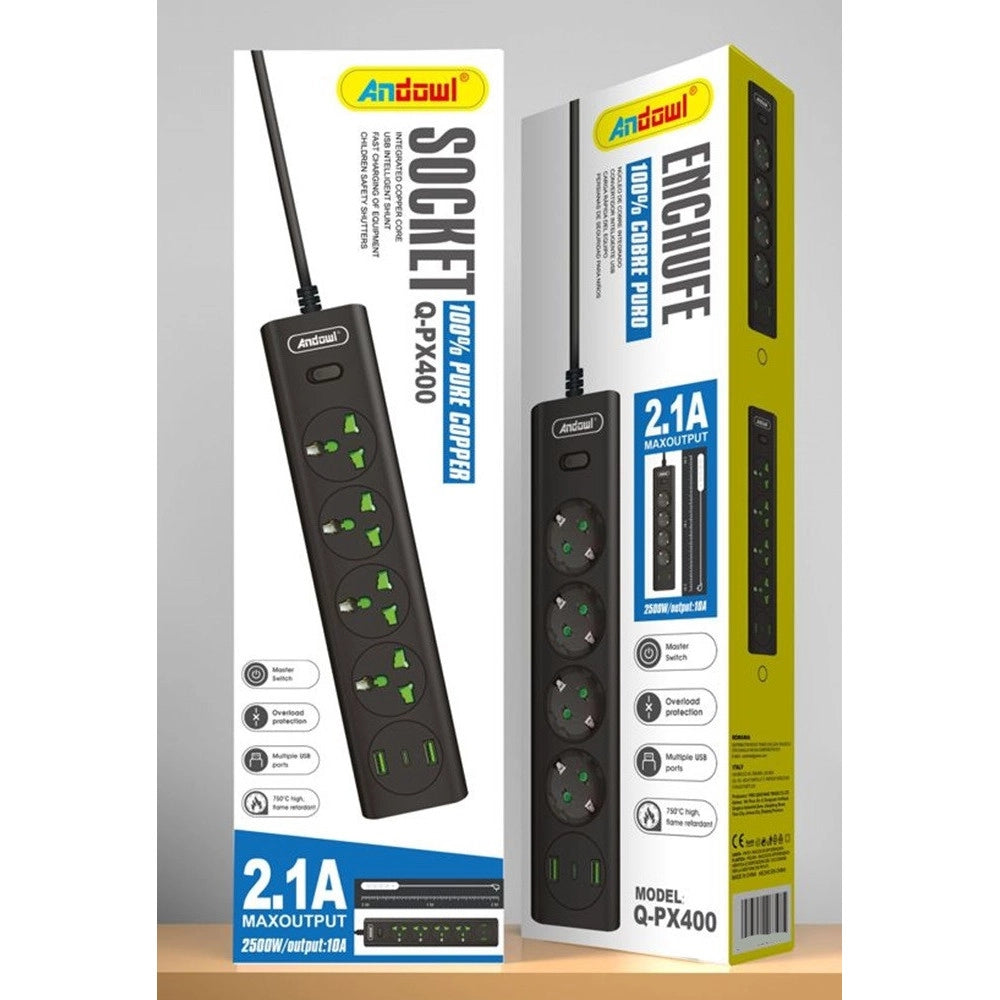 Trade Shop - Ciabatta Multipresa Elettrica 4 Prese+2 Porte Usb Ricarica Rapida Con Interruttore Q-px400 -