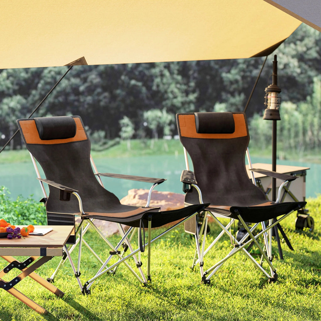 Set 2 Sedie da Campeggio 82x50-100x88 cm Pieghevoli con Poggiapiedi e Portabicchieri in Tessuto Oxford Nero e Arancione