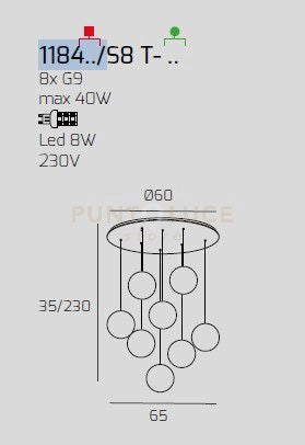 SOSPENSIONE BIANCO 8 LUCI TONDA VETRI TRASPARENTE 1184BI-S8 T-TR