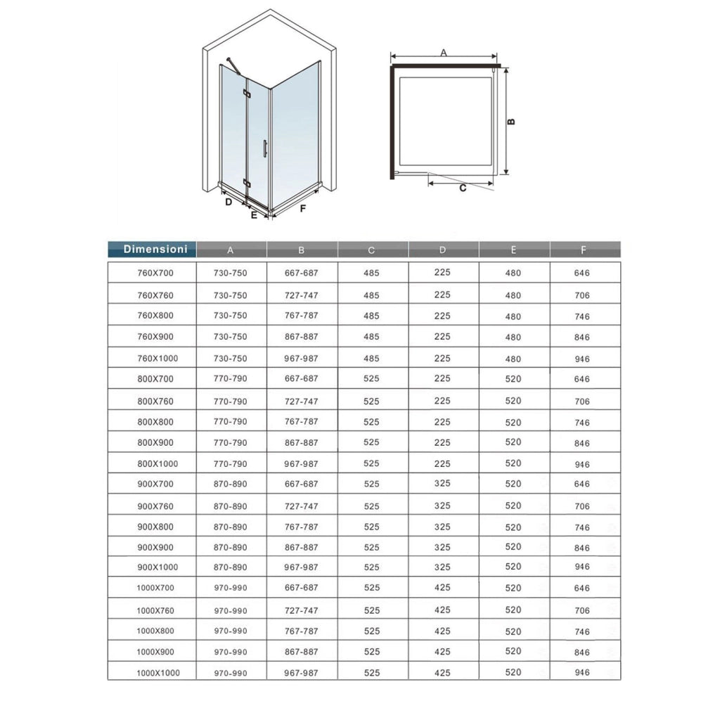 195cm Box Doccia Angolare Porta Battente con Parete Fissa 80x80cm Vetro 6 mm Temperato Anticalcare Trasparente con 2 Barre Stabilizzatrici da 30cm e 90cm
