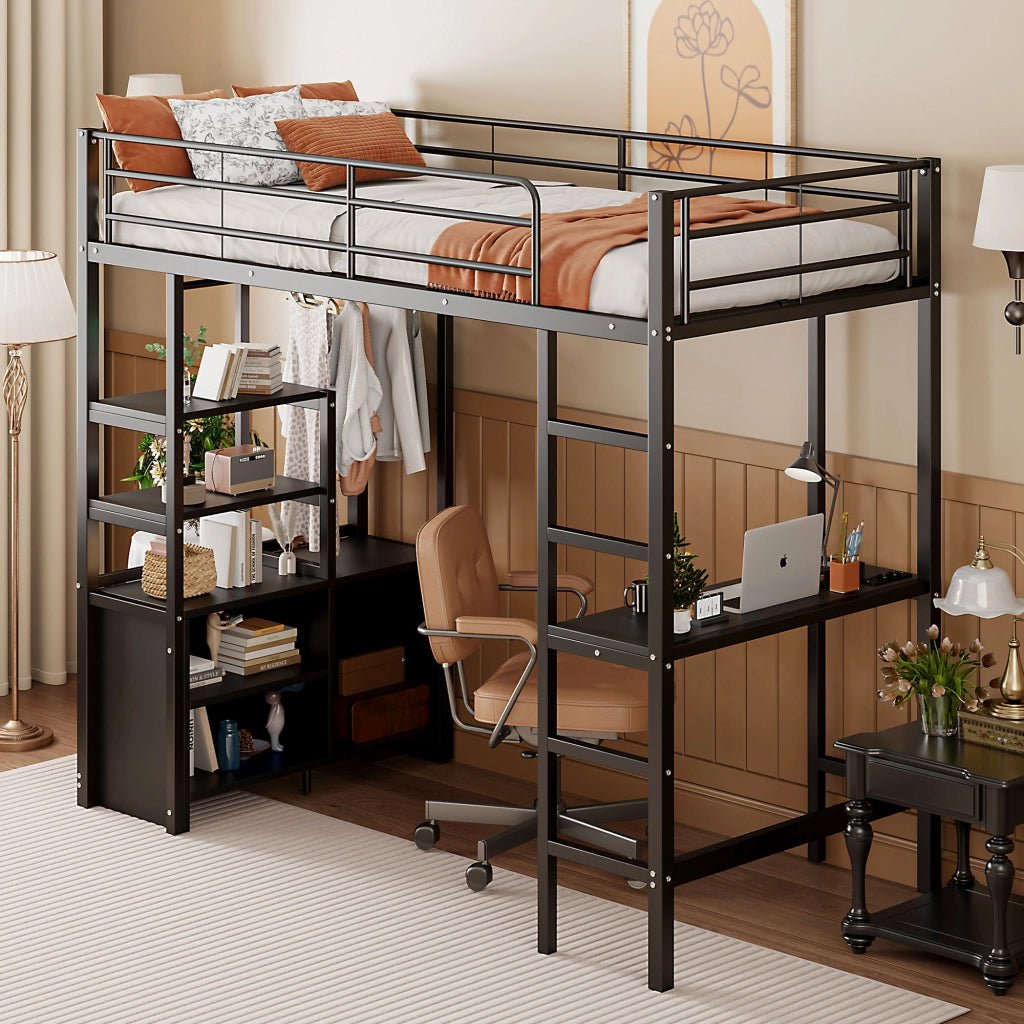 Letto a castello nero in metallo con scrivania presa usb 90x200 cm