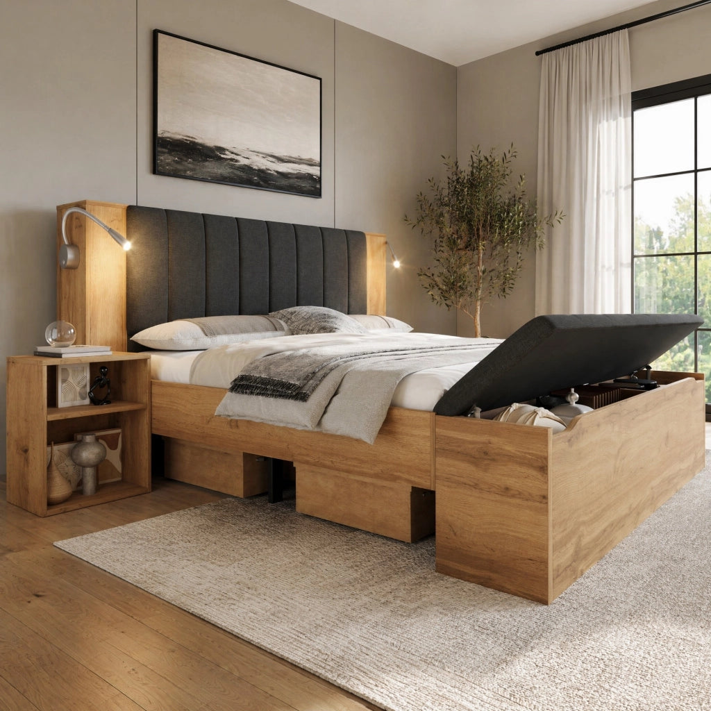 Letto matrimoniale 180x200 cm in legno con testiera reclinabile in lino; LED; USB; comodini e panca contenitore; colore rovere