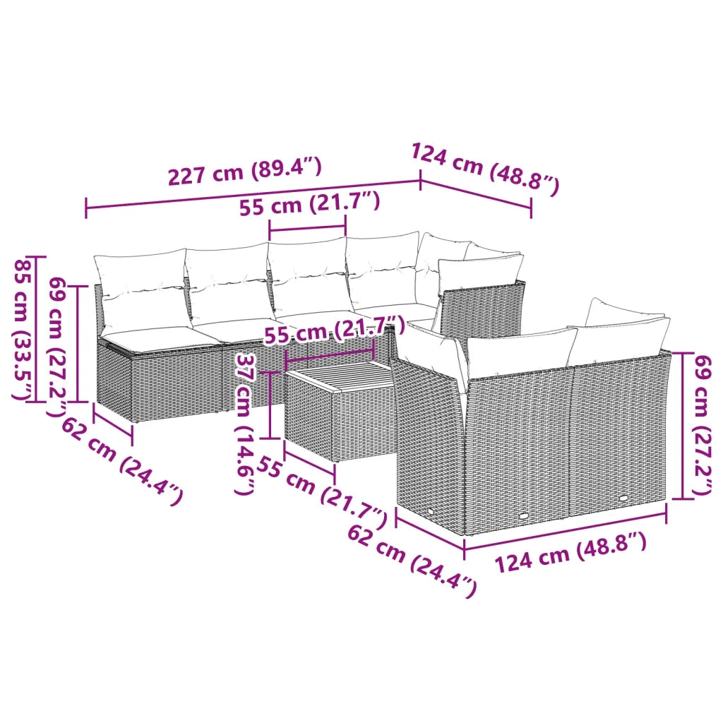 Set Divano da Giardino 8 pz con Cuscini Beige Misto Polyrattan
