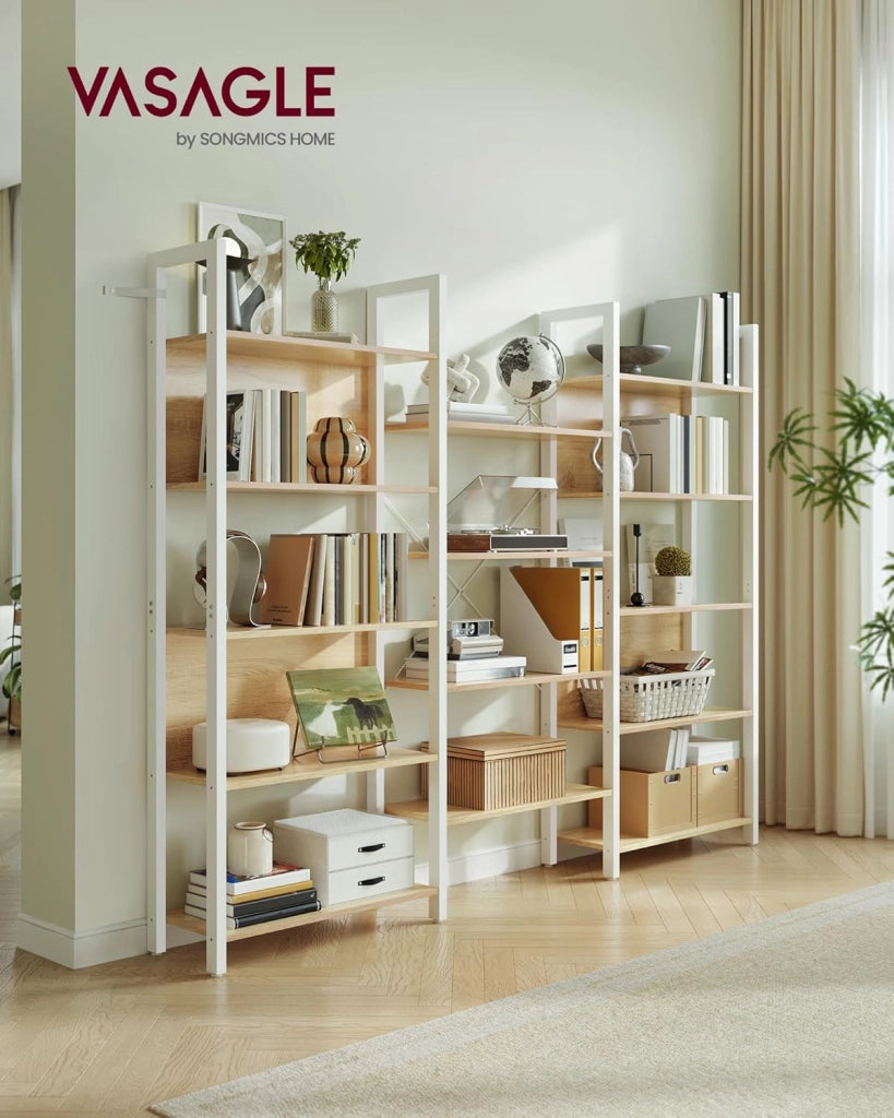 VASAGLE Libreria, Scaffale Portaoggetti, con 14 Ripiani, Struttura in Metallo, Soggiorno Studio Ufficio, Stile Industriale, 24 x 158 x 166 cm, Rovere Dorato e Bianco Opaco LLS107YA01
