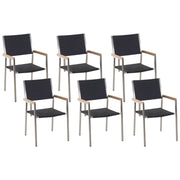 Set di 6 Sedie da Pranzo da Giardino Seduta in Finta Rattan Nero e Argento Gambe in Acciaio Inox Impilabili per Esterni