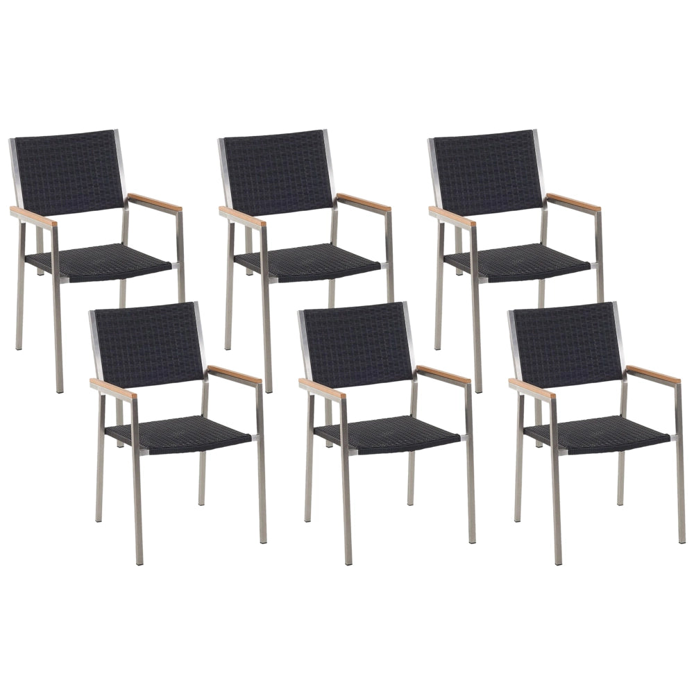 Set di 6 Sedie da Pranzo da Giardino Seduta in Finta Rattan Nero e Argento Gambe in Acciaio Inox Impilabili per Esterni