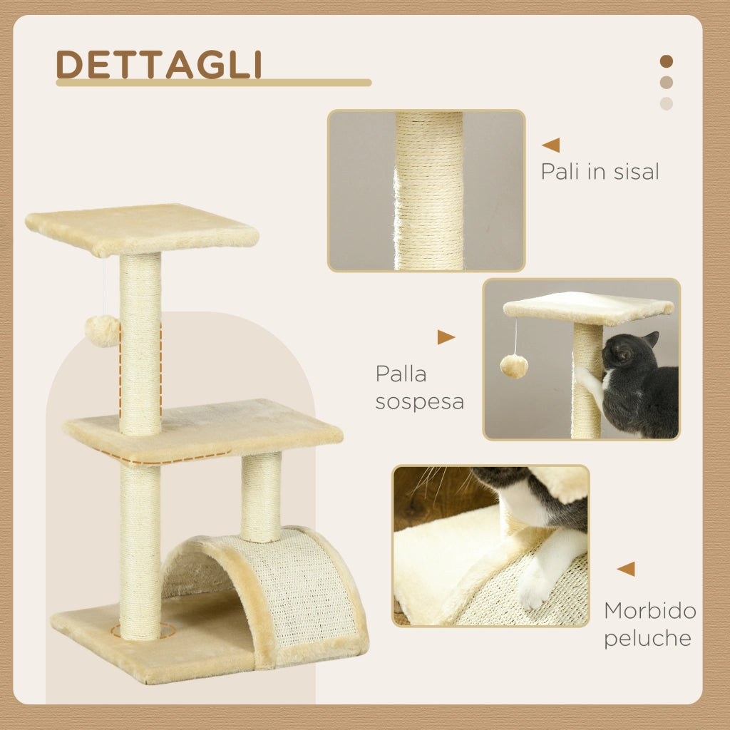 Tiragraffi per Gatti a 3 Livelli con Peluche e Sisal ¨C zephmum ¨C Crema 40x35x72 cm