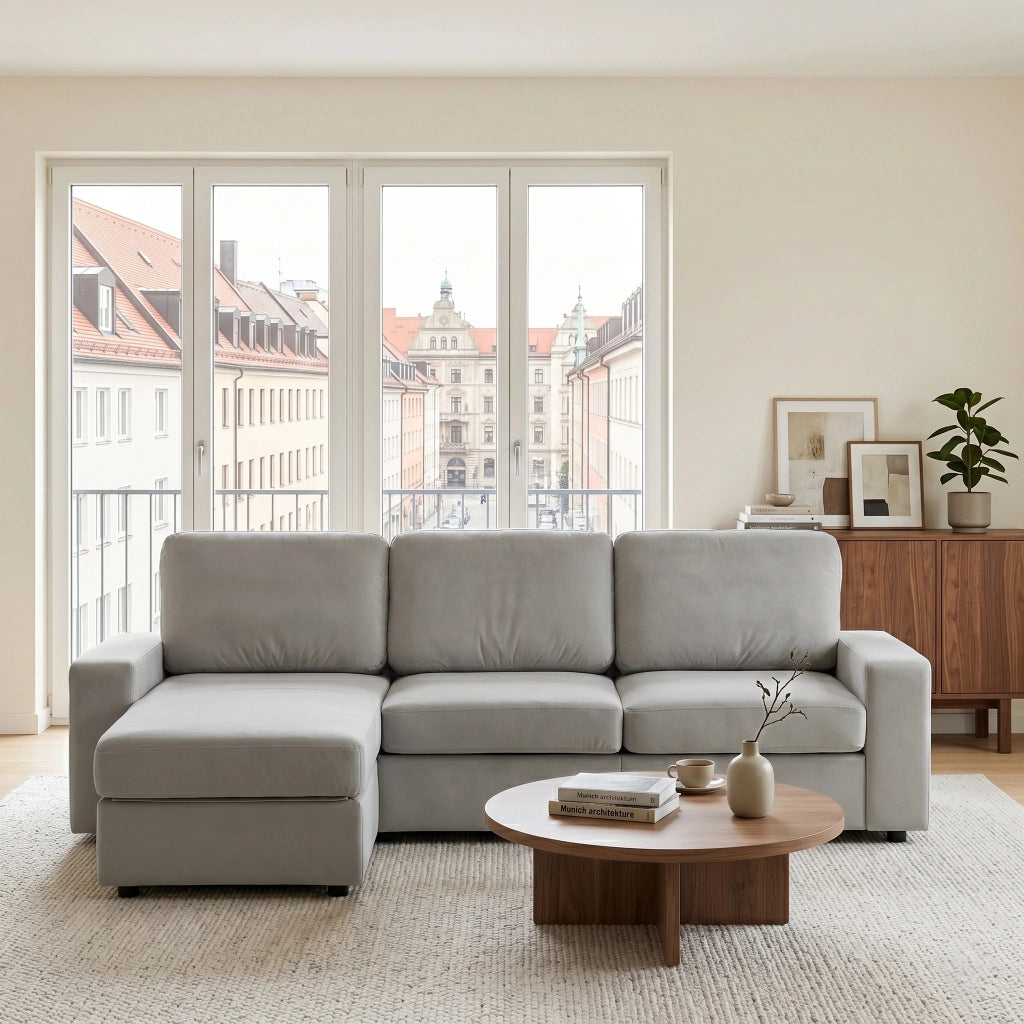 Divano angolare con 4 vani contenitori e chaise longue reversibile in poliestere grigio chiaro 245,5 cm