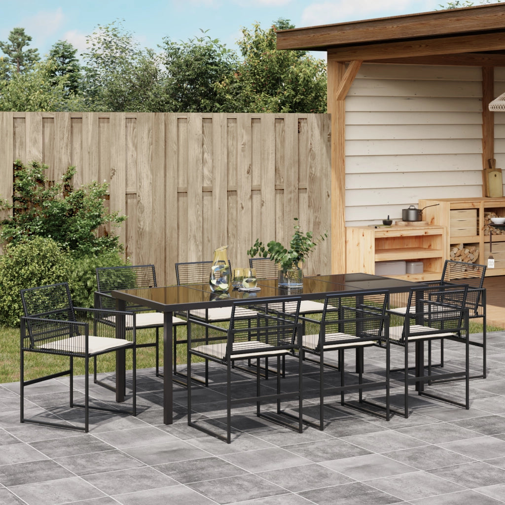 Set da pranzo da giardino 9 pezzi con cuscini Nero Polyrattan