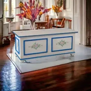 Cassapanca in legno Shabby chic mod cipolla bianco anticato decorato filo blu