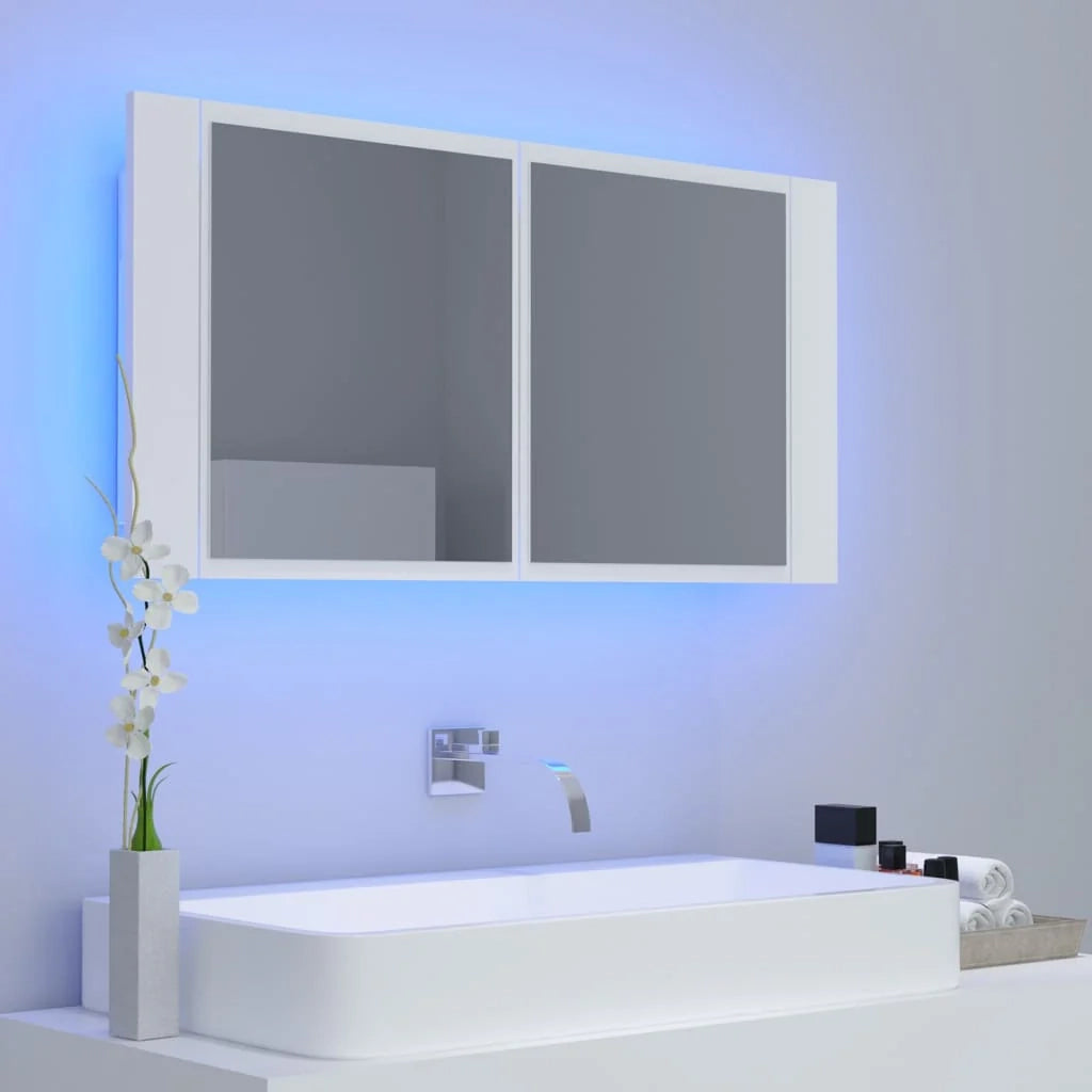 Mobiletto da bagno con specchio LED bianco 90 x 12 x 45 cm acrilico 02_0006652