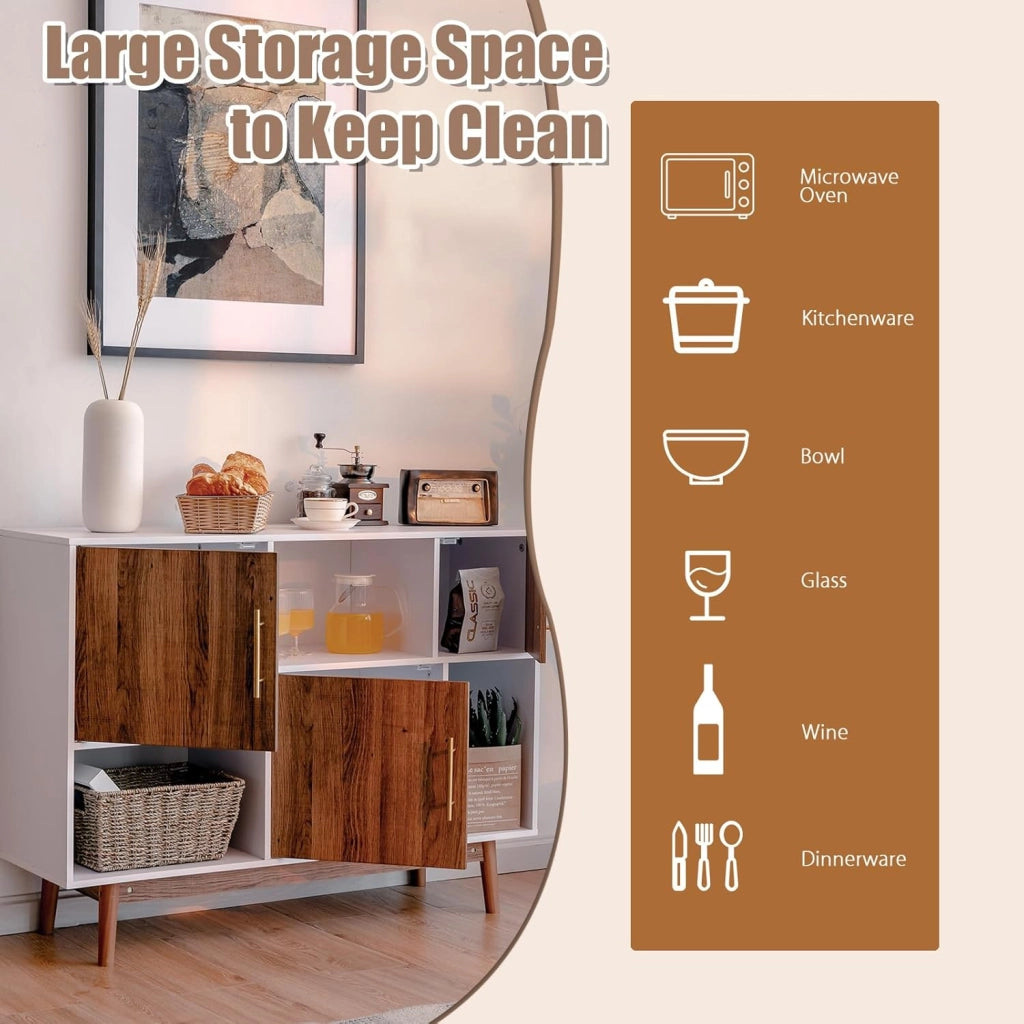 Credenza in legno, armadietto a buffet con 6 scomparti, con manici in metallo e dispositivo di sicurezza ribaltabile, 95 x 33 x 76 cm, cassettiera per soggiorno, cucina (bianco + marrone)