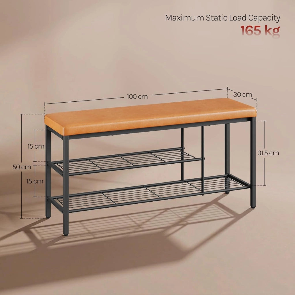 Panca Scarpiera da Ingresso con 2 Ripiani, Portascarpe Salvaspazio, Struttura Metallica, Cuscino con Rivestimento in Pelle Sintetica, per Corridoio, Soggiorno, 100x30x50 cm, Marrone