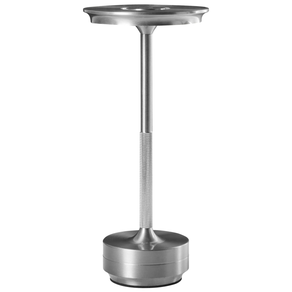 Lampada da tavolo wireless in metallo argento per interni ed esterni con porta USB C ricaricabile