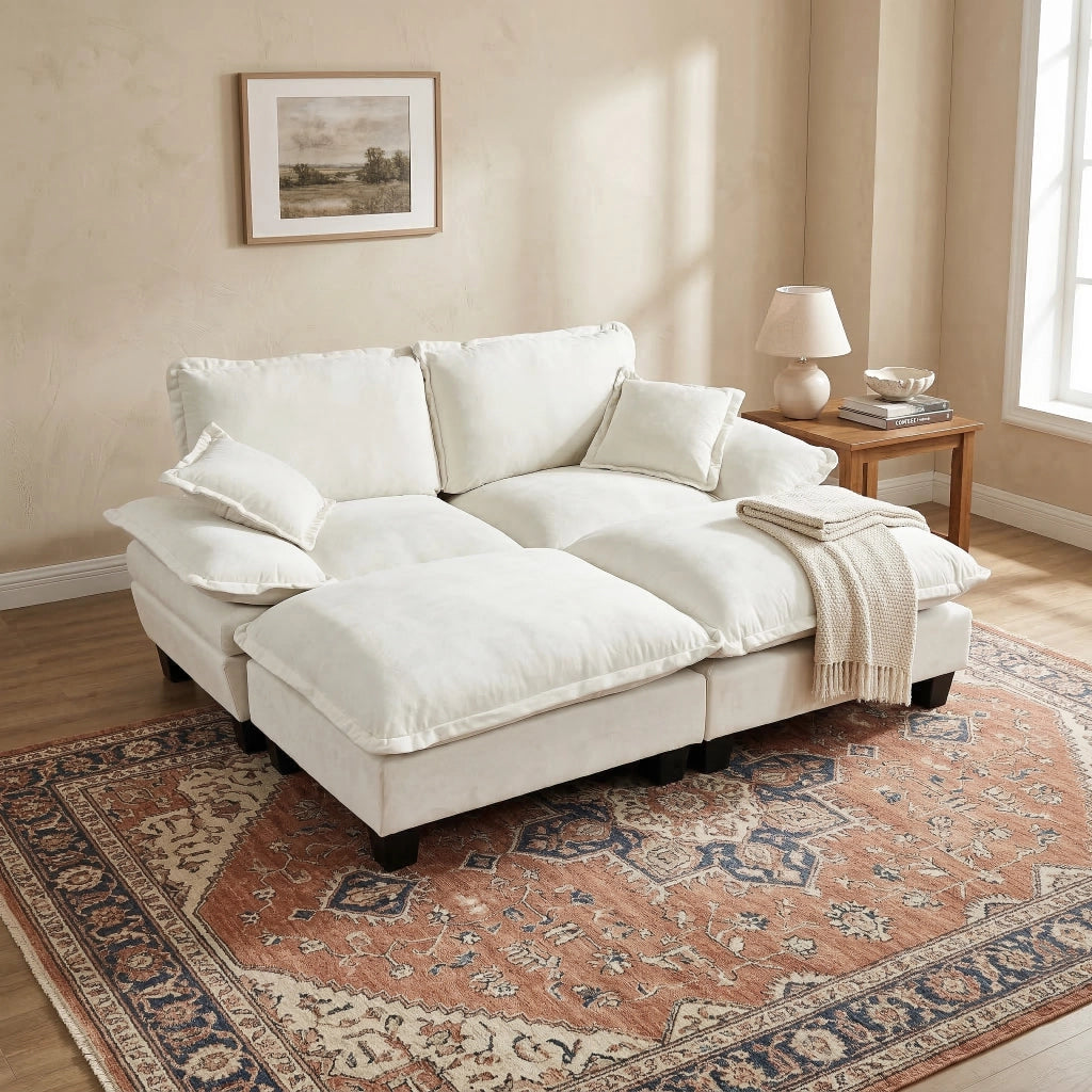 Divano angolare modulare in chenille con braccioli ampi e ottomana mobile per soggiorno e appartamento beige, 194 × 151 × 90 cm