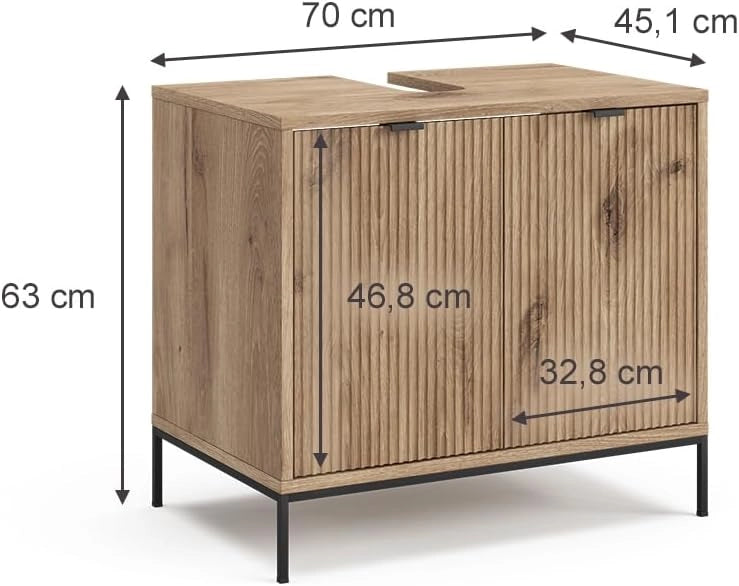 Mobiletto Eliza, Quercia vichinga, 70 x 63 cm con 2 porte, per la conservazione di articoli da bagno e prodotti per la cura personale