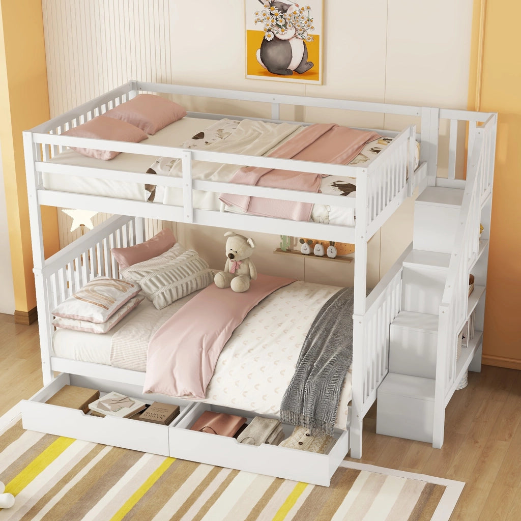 Letto a Castello 140x200 cm; 2 Posti - 2 Cassetti; Scala con Mensola; Sponde Alte - Bianco