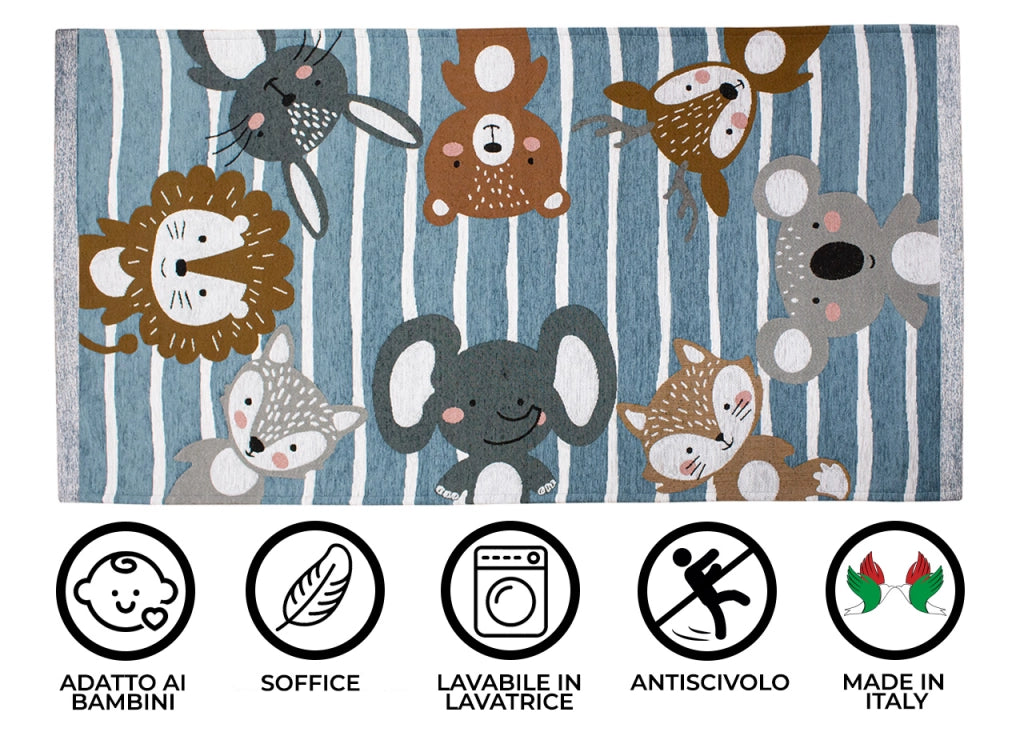 Tappeto Arredo e Gioco Antiscivolo Per Cameretta Bambini Disegno Animalii - 115x175 - Azzurro Topazio