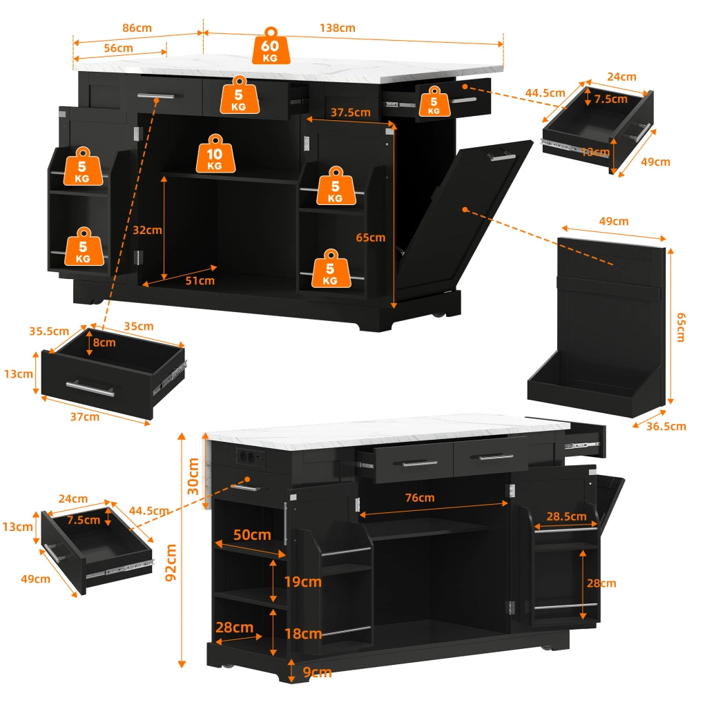Mobile contenitore con piano ribaltabile; prese e vano rifiuti per cucina in MDF nero 138 x 86 x 92 cm