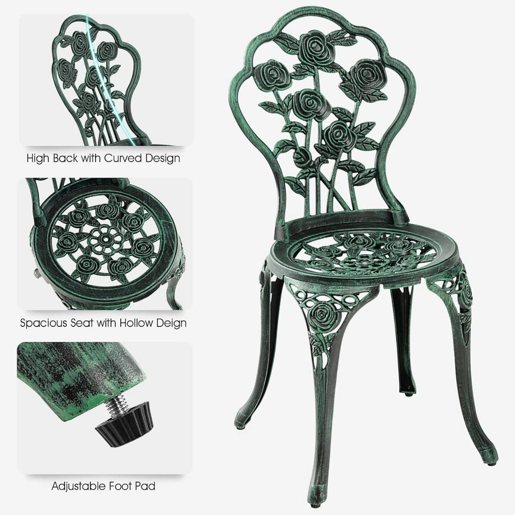 Set di 3 Mobili da Giardino, Tavolo da Giardino con 2 Sedie, Set da Bistrò in Alluminio Resistente alle Intemperie, con Motivo a Rose, per Balcone, Cortile, Terrazza, Verde Bronzo