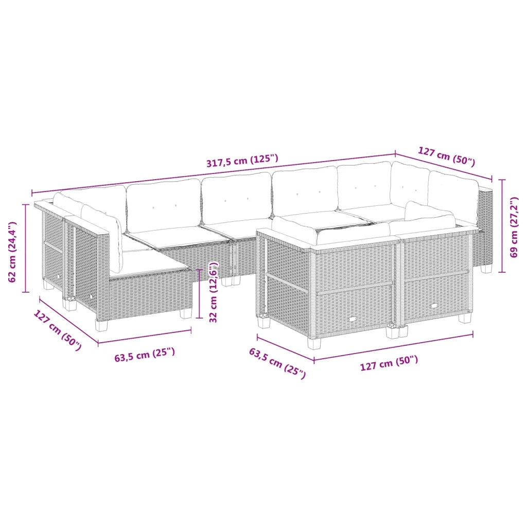 Set Divano da Giardino 9 pz con Cuscini Grigio in Polyrattan