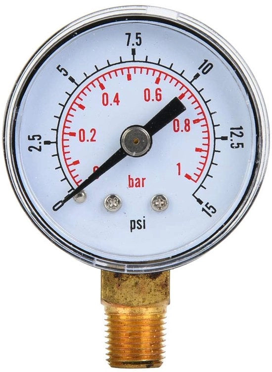 Manometro 1/8 pollici BSPT - Drukmetro 0-15 psi/0-1 bar - Cassetta in metallo - Misurazione della pressione precisa - Nuovo di fabbrica - Compatto 6x4x2,5 cm