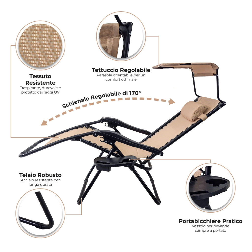 Sedia Sdraio 0 Gravità Pieghevole Professionale con Tettuccio Parasole e Poggiapiedi in Acciaio e Textilene – Reclinabile con Cuscino e Porta Bevande, Ideale per Giardino, Piscina e Campeggio Beige