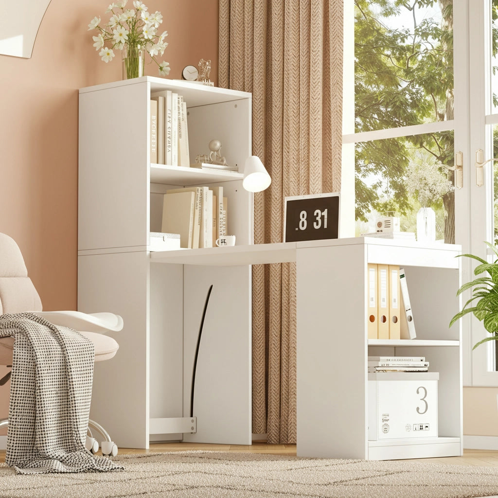 Scrivania Pieghevole con Armadio Integrato ¨C MINIMAL ¨C Bianco, 4 Ripiani, 130x51x137