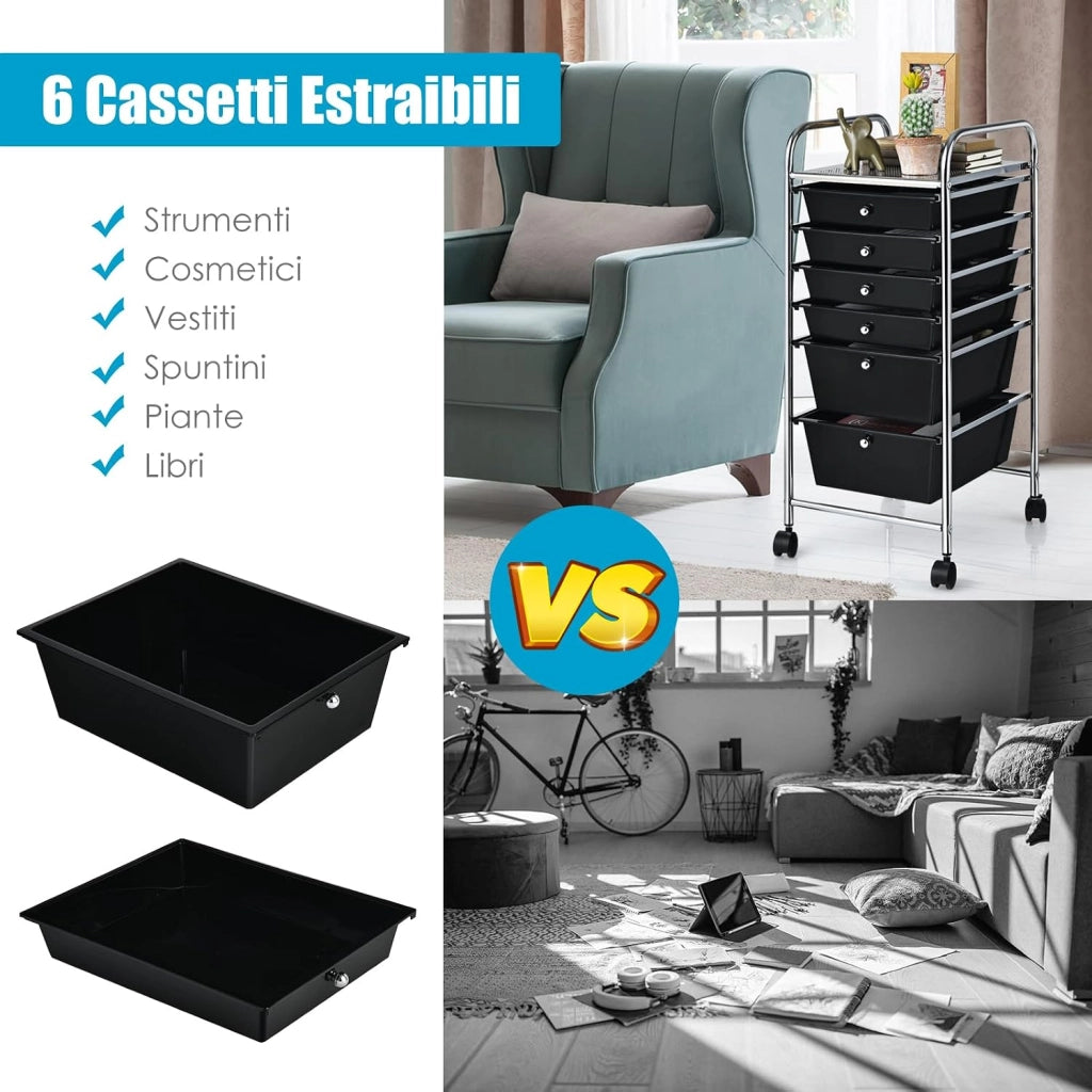 Carrello con 6 Cassetti e Ruote, Cassettiera in Plastica, con Due Dimensioni di Cassetti, Contenitore Multiuso per Casa Bagno e Ufficio, 37 x 74 x 32cm (Nero)