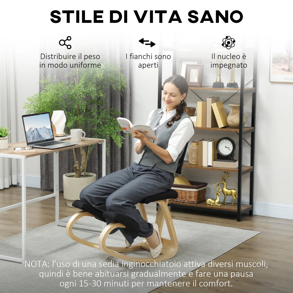 Sedia Ergonomica Inginocchiatoio con Schienale 51x84x93 cm in Legno di Betulla e Cuscini Nero