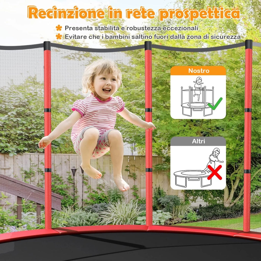 Trampolino Elastico Bambino in Acciaio, Tappeto Elastico Bambini da Esterno e da Interno, con Rete e Cusicnetti Antiscivolo（Rosso)