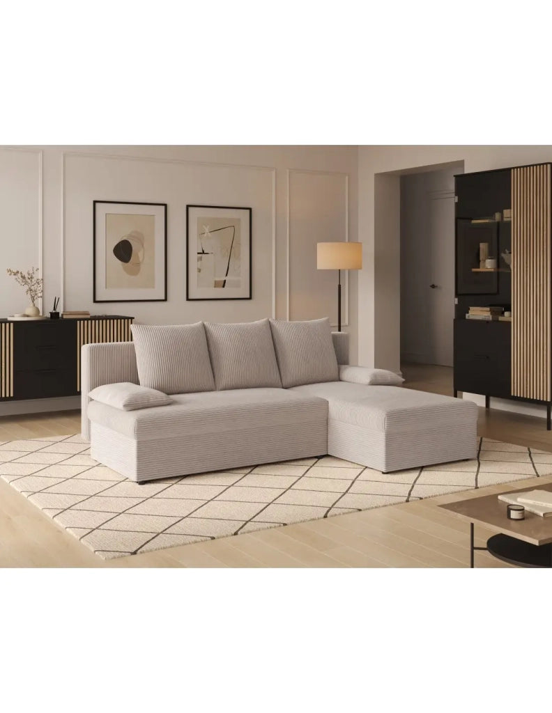 Divano ad angolo Beige 3 posti con chaise longue compatta 206x90x146cm GINA