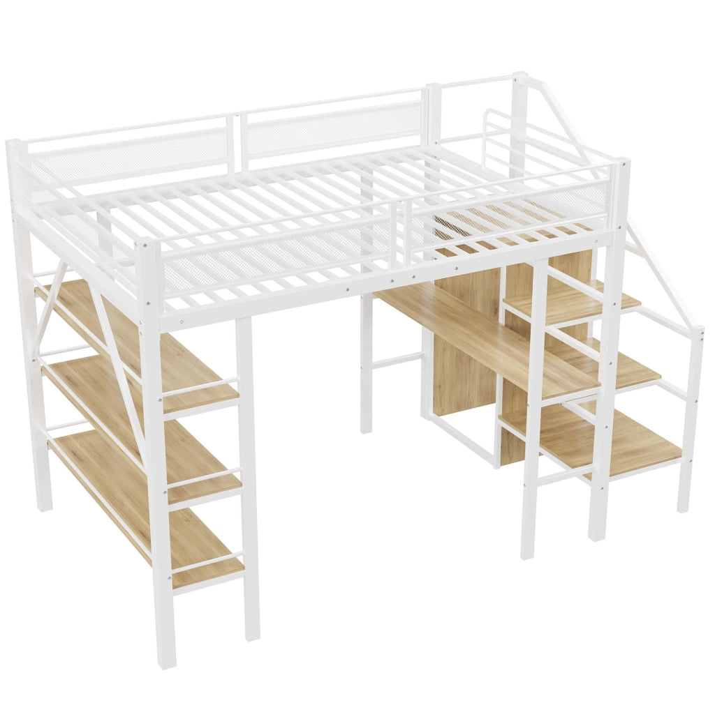 Letto a soppalco 140x200 cm in metallo con scrivania; scaffale a tre livelli e armadio; bianco