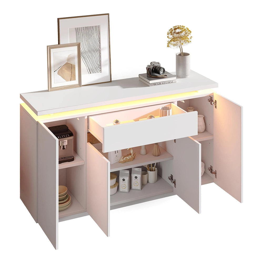 Buffet con illuminazione LED - Xylo - 140x40x80 cm - Bianco - 1 cassetto e 4 porte