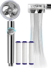 Douchekop manuale, alta pressione, risparmio d'acqua, rotazione 360 gradi, propulsione a getto, con 3 filtri, turbospa, con ventilatore e interruttore, argento