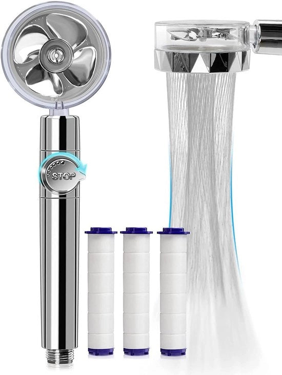 Douchekop manuale, alta pressione, risparmio d'acqua, rotazione 360 gradi, propulsione a getto, con 3 filtri, turbospa, con ventilatore e interruttore, argento