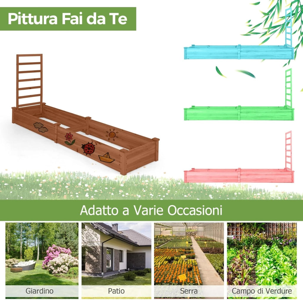 Fioriera da Esterno e Traliccio, Letto Rialzato in Legno per Fiori, Erbe, Verdure, Frutta e Viti Rampicanti, Aiuola Elevata da Giardino con Spalliera, 235CM x 63CM x 102CM (Marrone)
