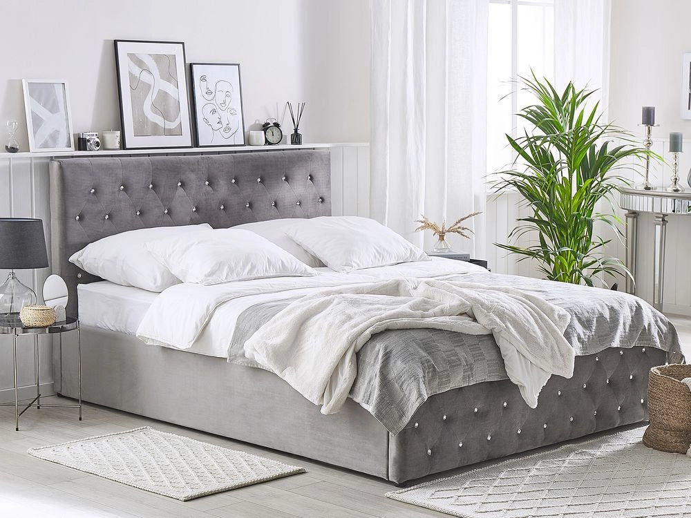 Letto singolo in velluto grigio Letto con mobili per camera da letto 140 x 200 cm con testiera doppia trapuntata EU