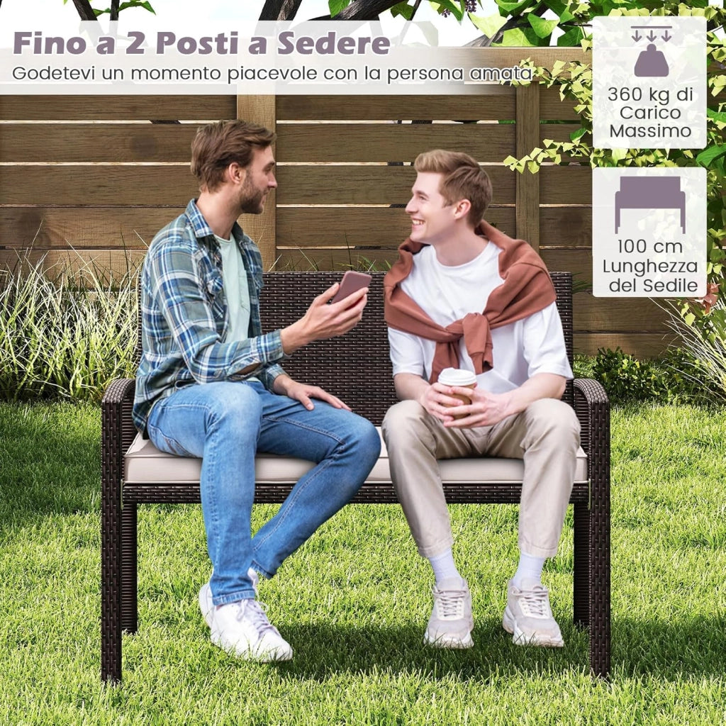 Panchina da Esterno in Rattan PE 110 x 56 x 84 cm, Panchina da Giardino con Morbido Cuscino, Schienale e Braccioli, Poltrona per Veranda, Balcone e Ingresso (Bianco)
