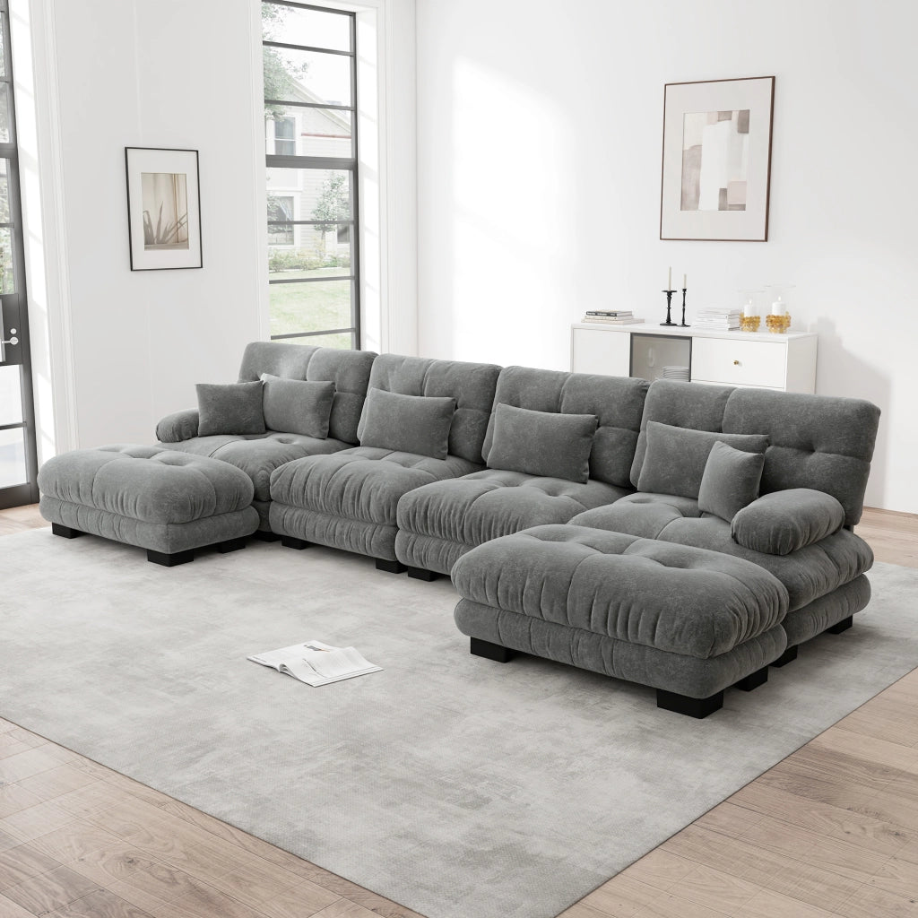 Divano modulare ad angolo a U 4 posti con pouf mobile e cuscini decorativi per soggiorno in chenille grigio