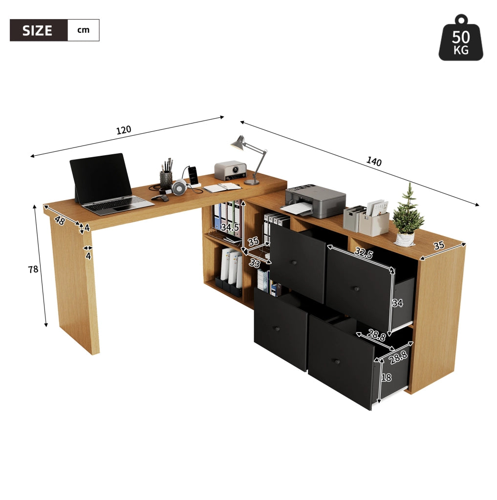 Scrivania angolare girevole 360° in MDF; con 8 scomparti; nero e rovere