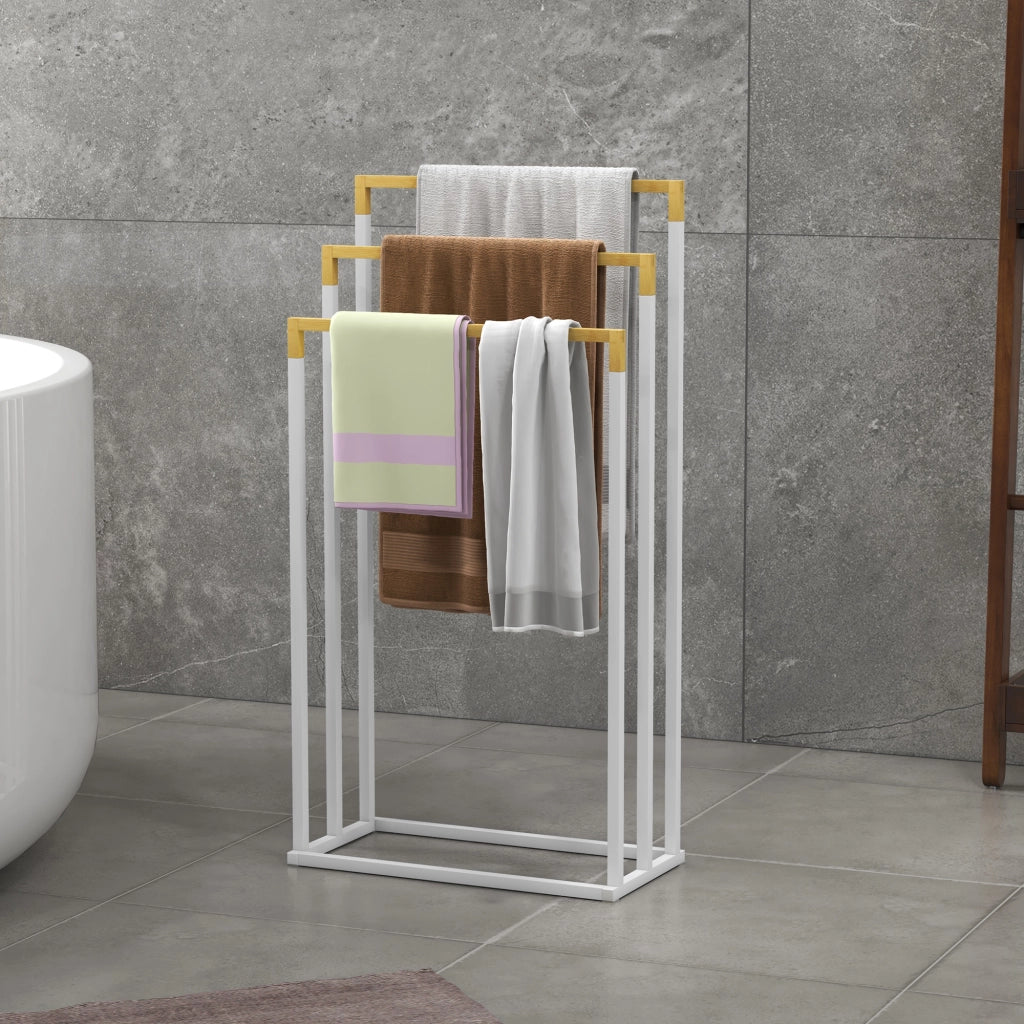 Portasalviette autoportante a 3 livelli in acciaio e bambù, bianco, 45 x 22,5 x 86 cm