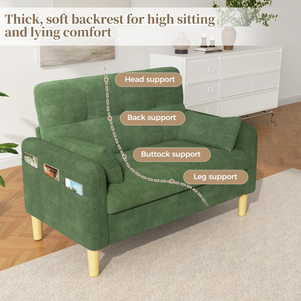 Divano a 2 posti in ciniglia con cuscini e tasca laterale, schienale alto e comfort per piccoli spazi, verde 119 × 78 × 85 cm
