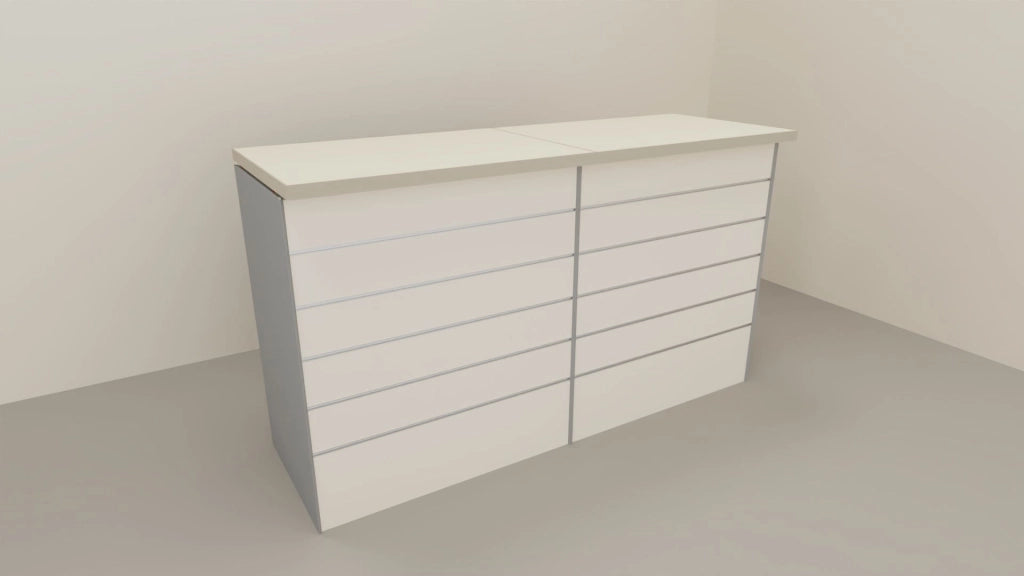 Banco cassa espositivo da negozio con pannello dogato in vari colori cm. 184x64x106h