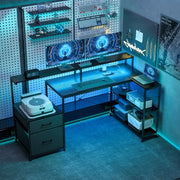 Scrivania gaming a L nera con LED e prese, 165 x 80 x 91,5 cm
