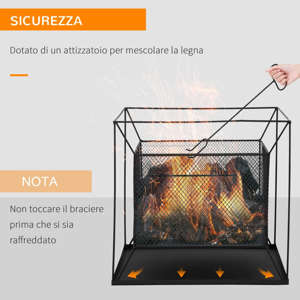 Braciere da Giardino Portatile in Metallo, Braciere da Esterno con Design Sospeso e Attizzatoio, 45x45x43cm Nero