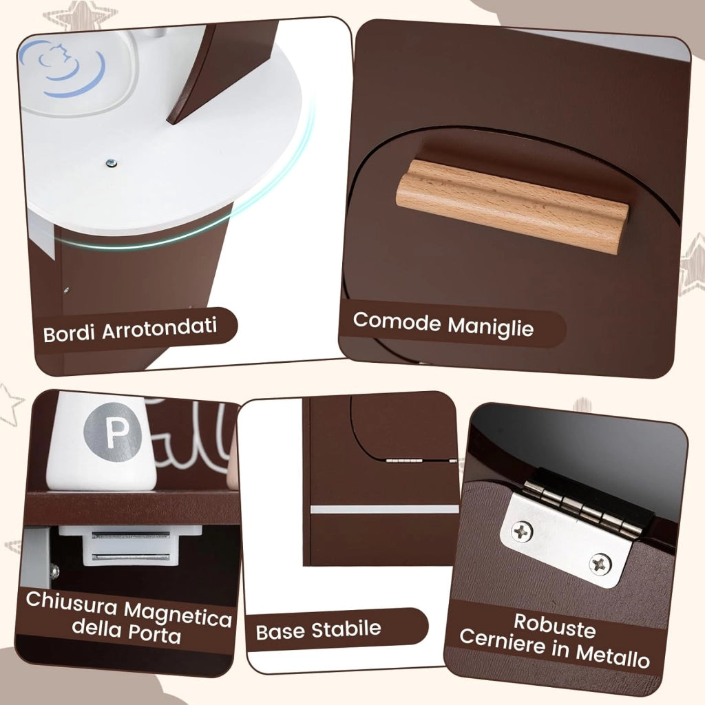 Cucina Giocattolo Angolare con Fornelli e Micronde da Suoni e Luci, Cucina per Bambini in Legno con Macchina Caffè, Lavandelo, Forno e Lavatrice, Set Cucina con Accessori (Marrone)